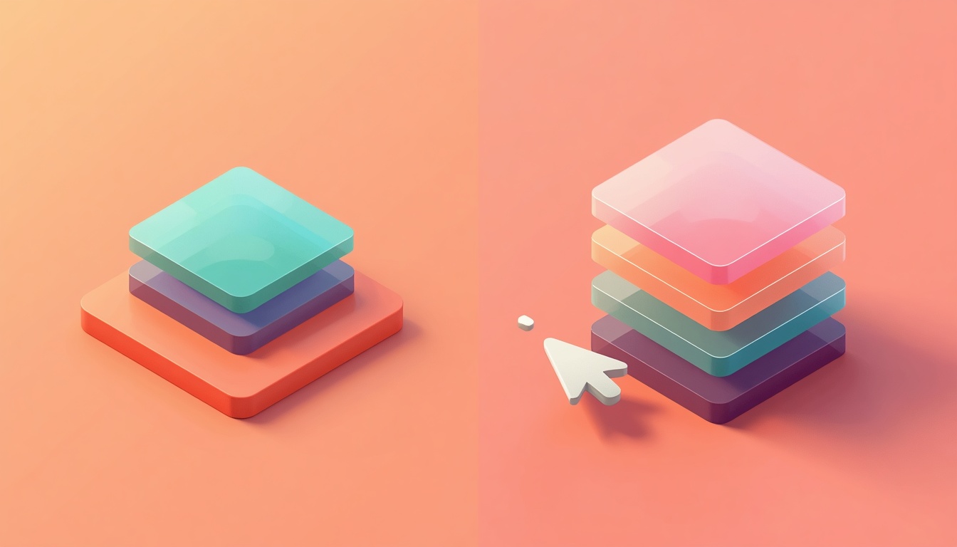 Flat Design Layered Expressive Ui 3D Isometric Comparison Of Flat Ui Cards Transforming Into Layered Glassmorphism Components With Shadows And Depth