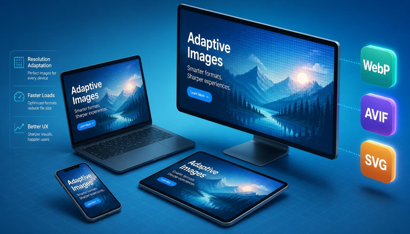 High Resolution Adaptive Design 3D Isometric Illustration Of Responsive Images Adapting Across Devices — Phone, Tablet, Laptop, Desktop With Pixel Grid Overlay