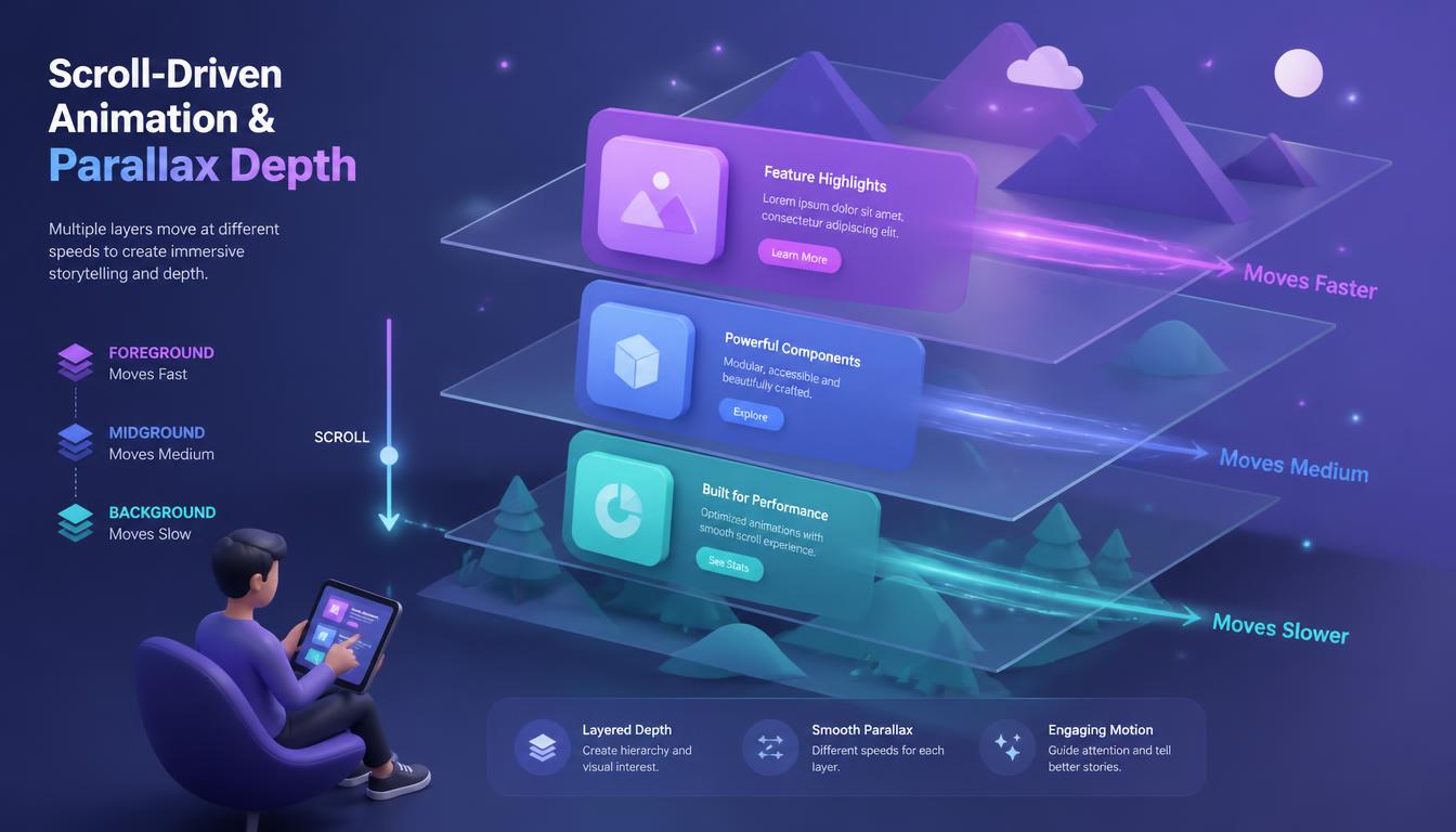 Scroll Effects Parallax Animation Isometric 3D Illustration Showing Layers Moving At Different Speeds During Scroll With Depth Effect And Motion Trails