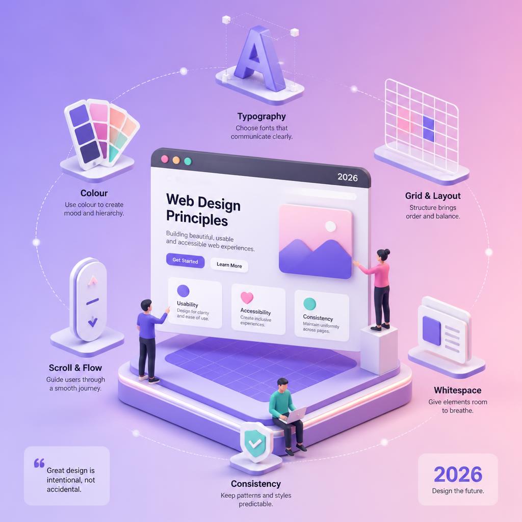 3D Isometric Illustration Of Web Design Principles With Floating Layout Blocks, Typography Icons And Scroll Arrows On Purple Gradient Background