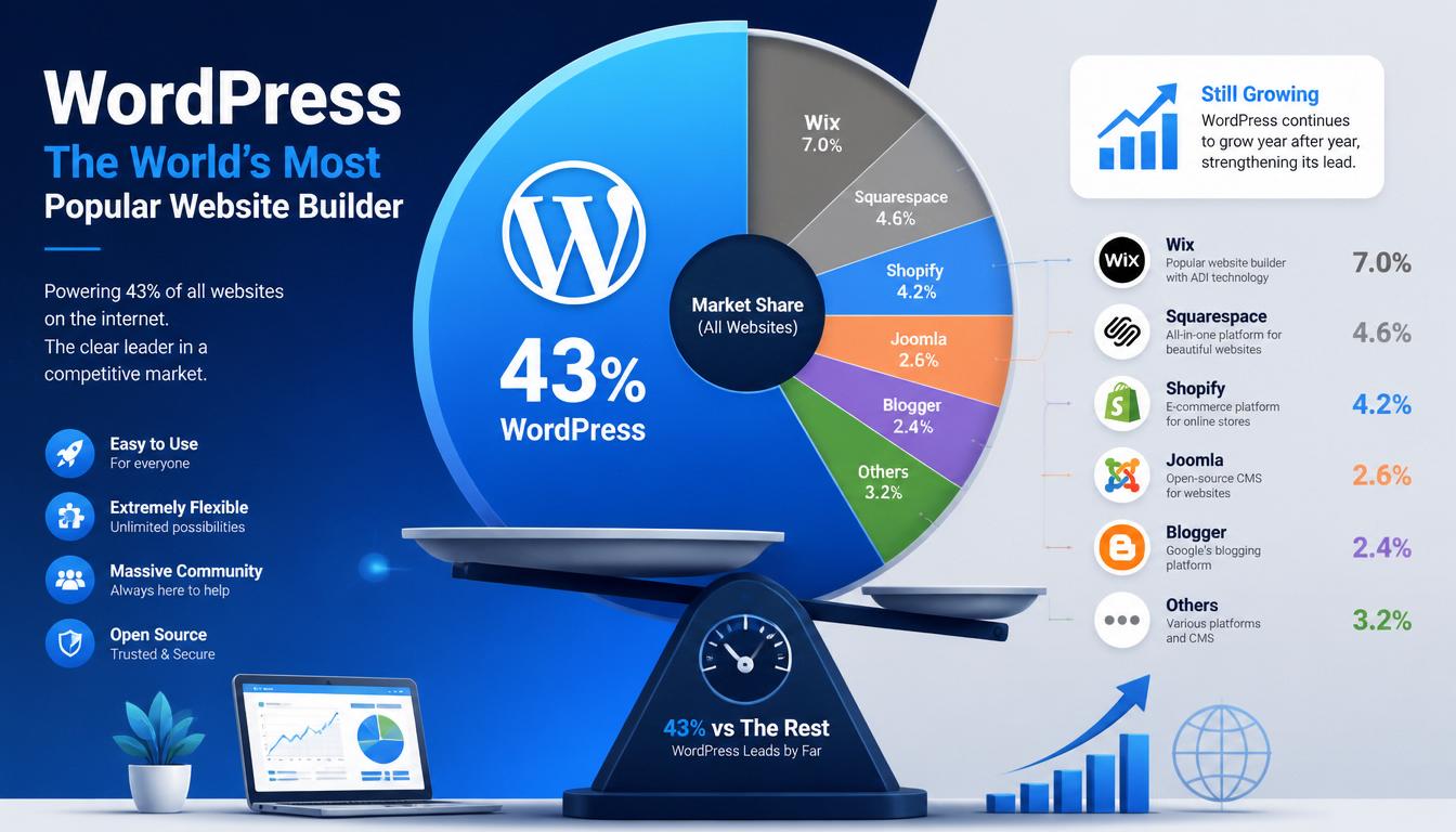 Wordpress Market Share 2026 Compared To Shopify, Wix And Squarespace - 43% Vs 6.5% Vs 5.2%