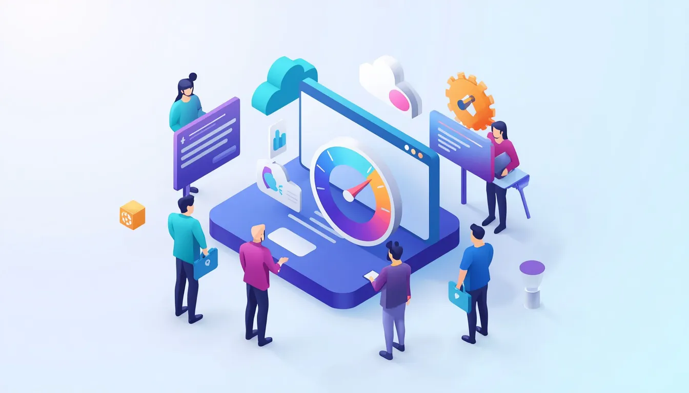 Web Performance Illustration With A Speedometer, Search Bar And Accessibility Symbol For Fast, Accessible, Seo-Friendly Design