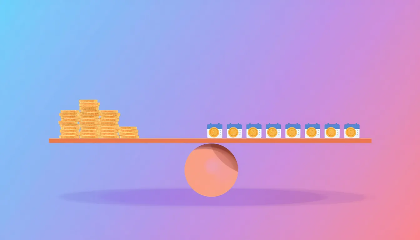 Monthly Package Vs Upfront Cost Balance Scale Comparing One Upfront Payment With Twelve Small Monthly Payments