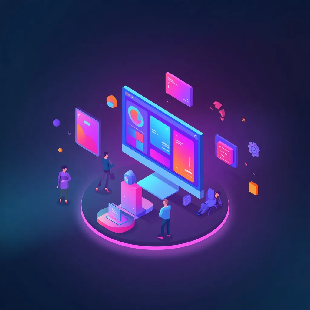 Dark Premium Website Design Inspiration Illustration With A Glowing Monitor And Floating Typography, Colour And Ux Icons
