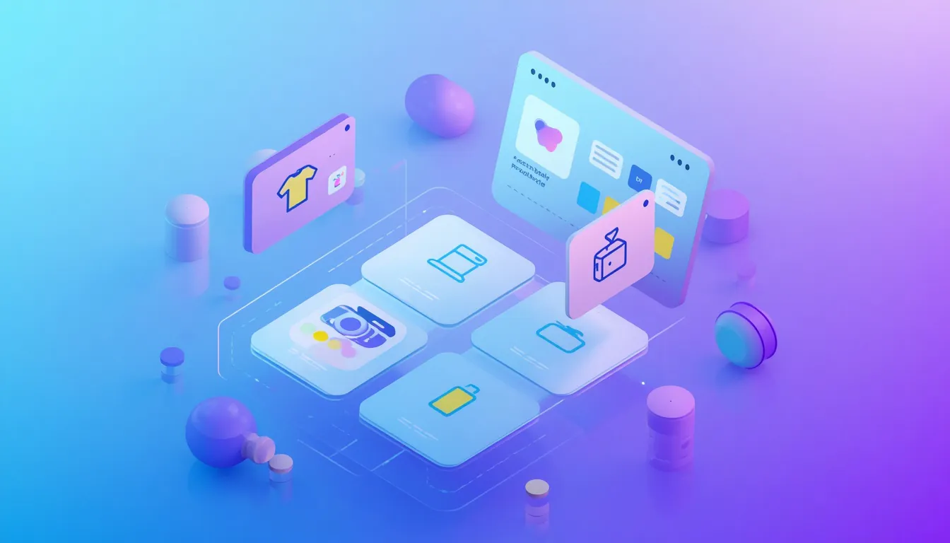 Vibrant 3D Illustration Of A Product Catalogue Grid With Cards And A Variable Product Selector
