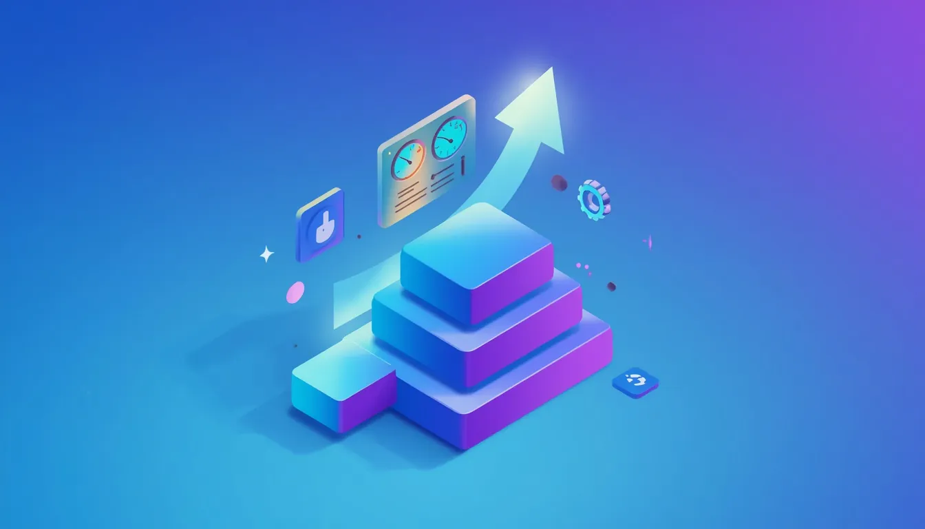 Vibrant 3D Illustration Of A Control Panel With Gauges And Ascending Platforms Representing WooCommerce Scaling