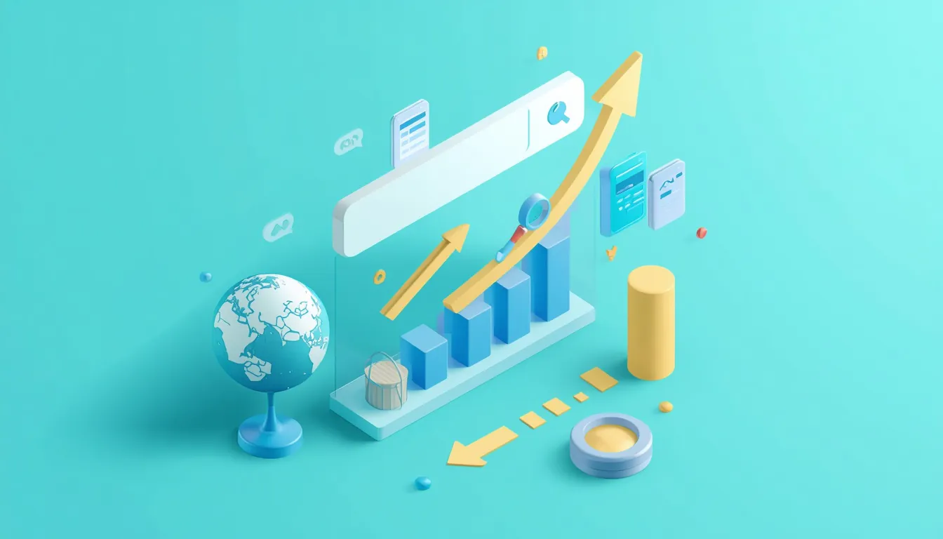 Vibrant 3D Illustration Of A Search Bar, Rising Ranking Bars And A Globe Representing WooCommerce Seo