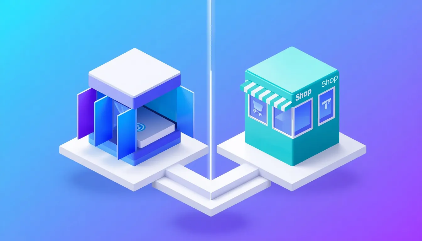 Vibrant 3D Comparison Illustration Of A Self-Hosted WooCommerce Setup Versus A Managed All-In-One Store Platform