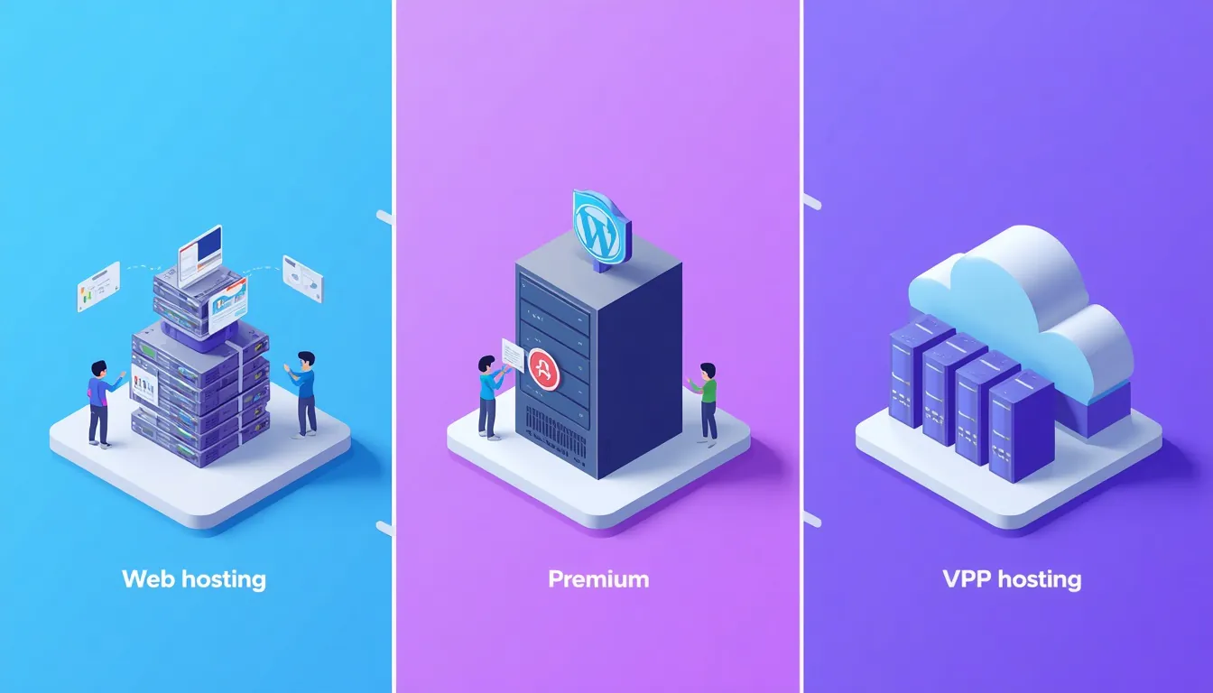 Wordpress Hosting Types Uk: 3D Illustration Comparing Shared, Managed And Vps Hosting With Small Characters And Server Icons