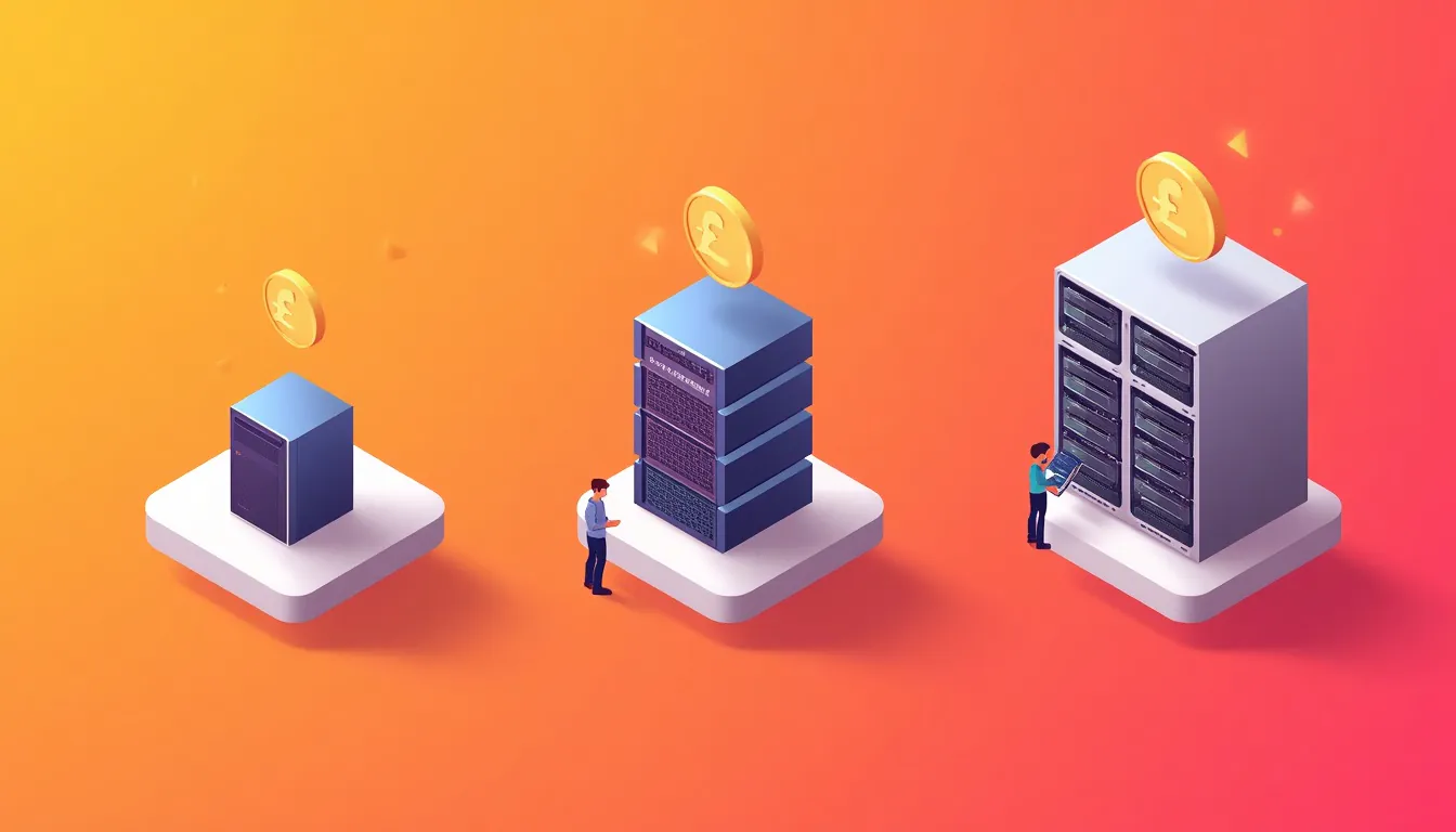 Wordpress Hosting Uk Costs 2026: 3D Illustration Of Three Hosting Price Tiers With Pound Coins, Server Icons And Small Characters Choosing A Plan