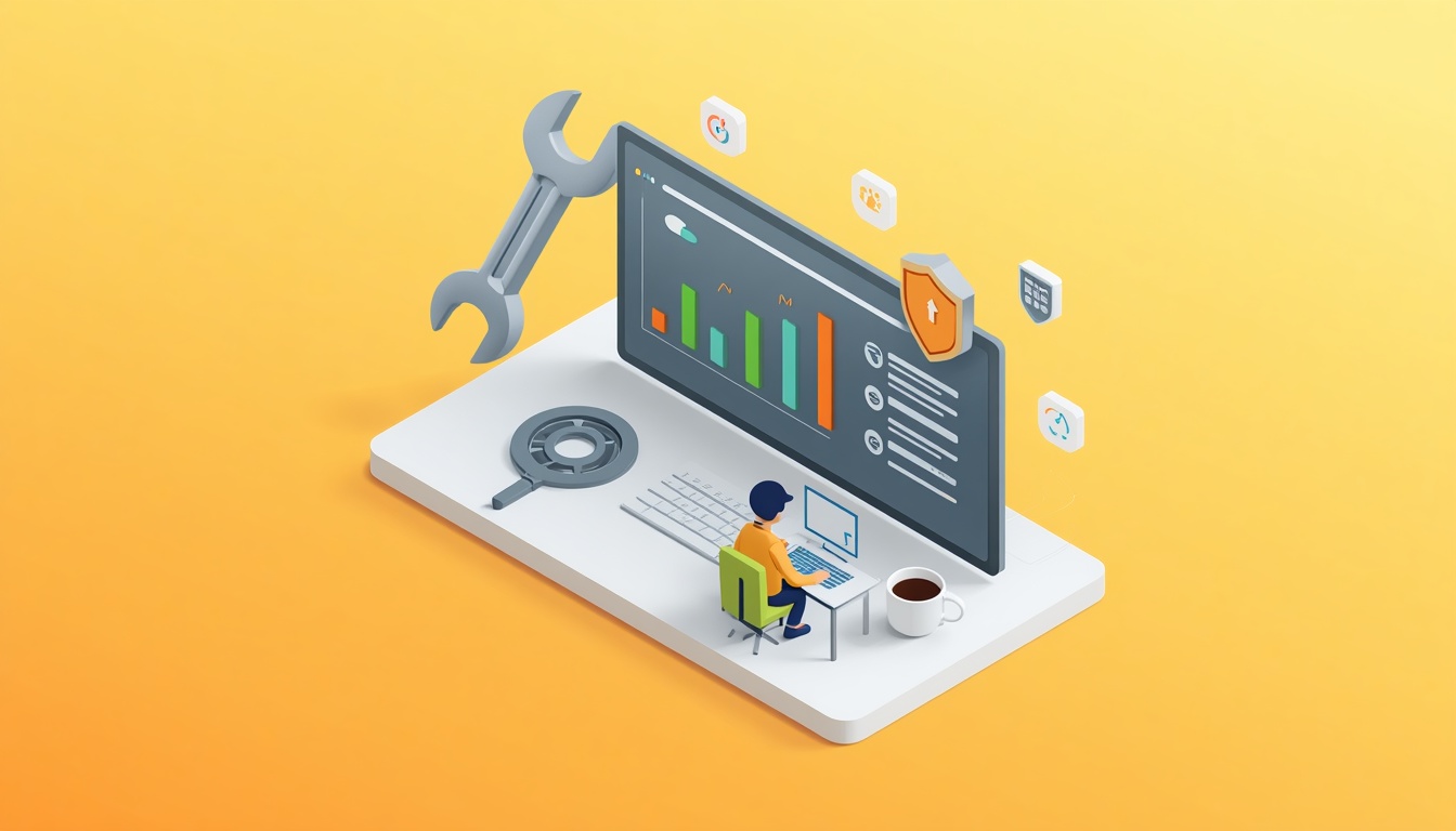 Wordpress Hosting Maintenance And Growth: 3D Illustration Of A Dashboard With Rising Graphs, Wrench And Gear Icons, And A Character Monitoring Site Performance
