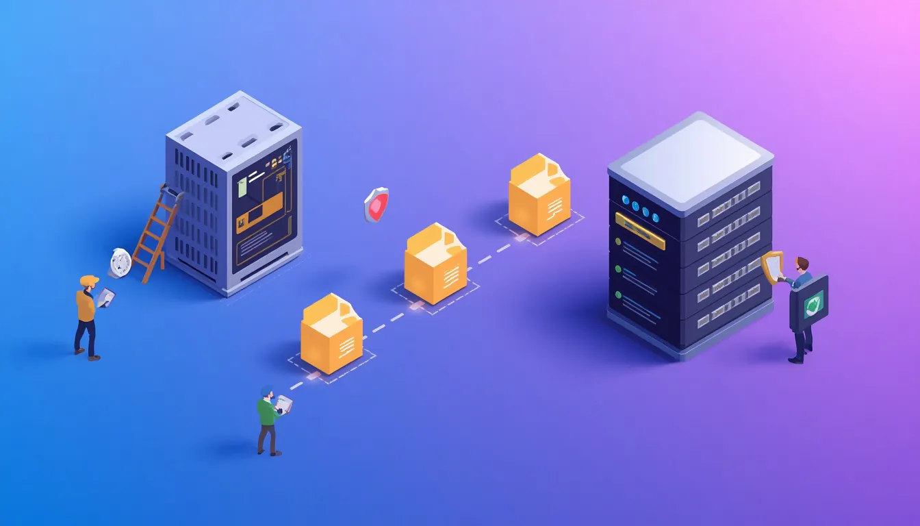 Wordpress Hosting Uk Migration: 3D Illustration Of A Website Moving From One Server To Another With Backup Files And Small Characters Supervising