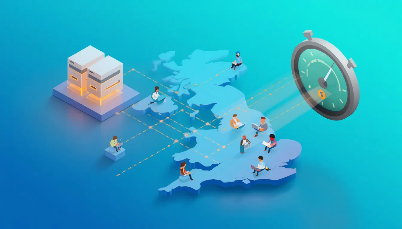Uk Server Location And Latency: 3D Illustration Of London And Frankfurt Data Centres Connected To Uk Users With Low-Latency Signal Lines